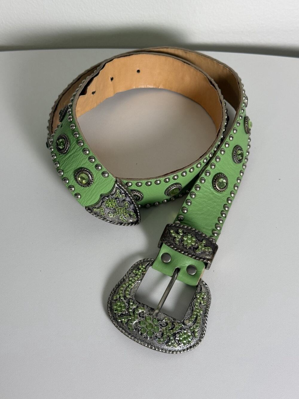 LEATHEROCK Belt Size 34 Leather Green Embellished Rhinestone Gems Studded 1594